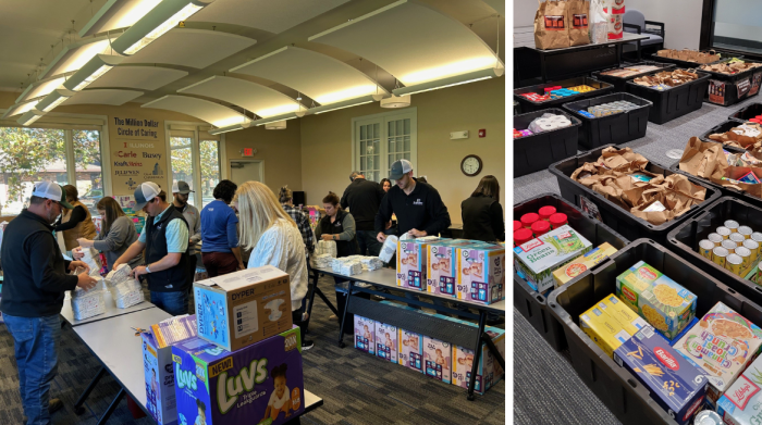 Group of people pack diapers for United Way and give back through a food drive