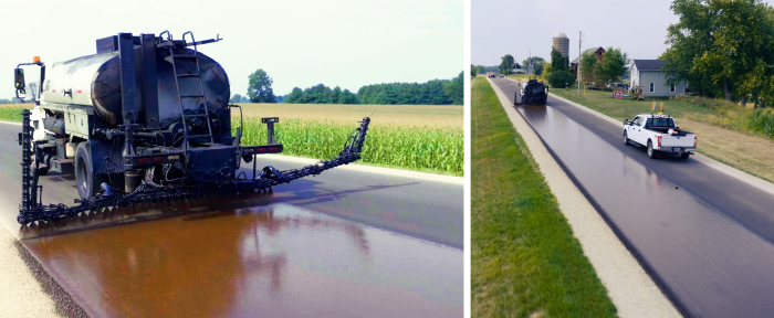 Trucks spray spray-applied asphalt products on the road
