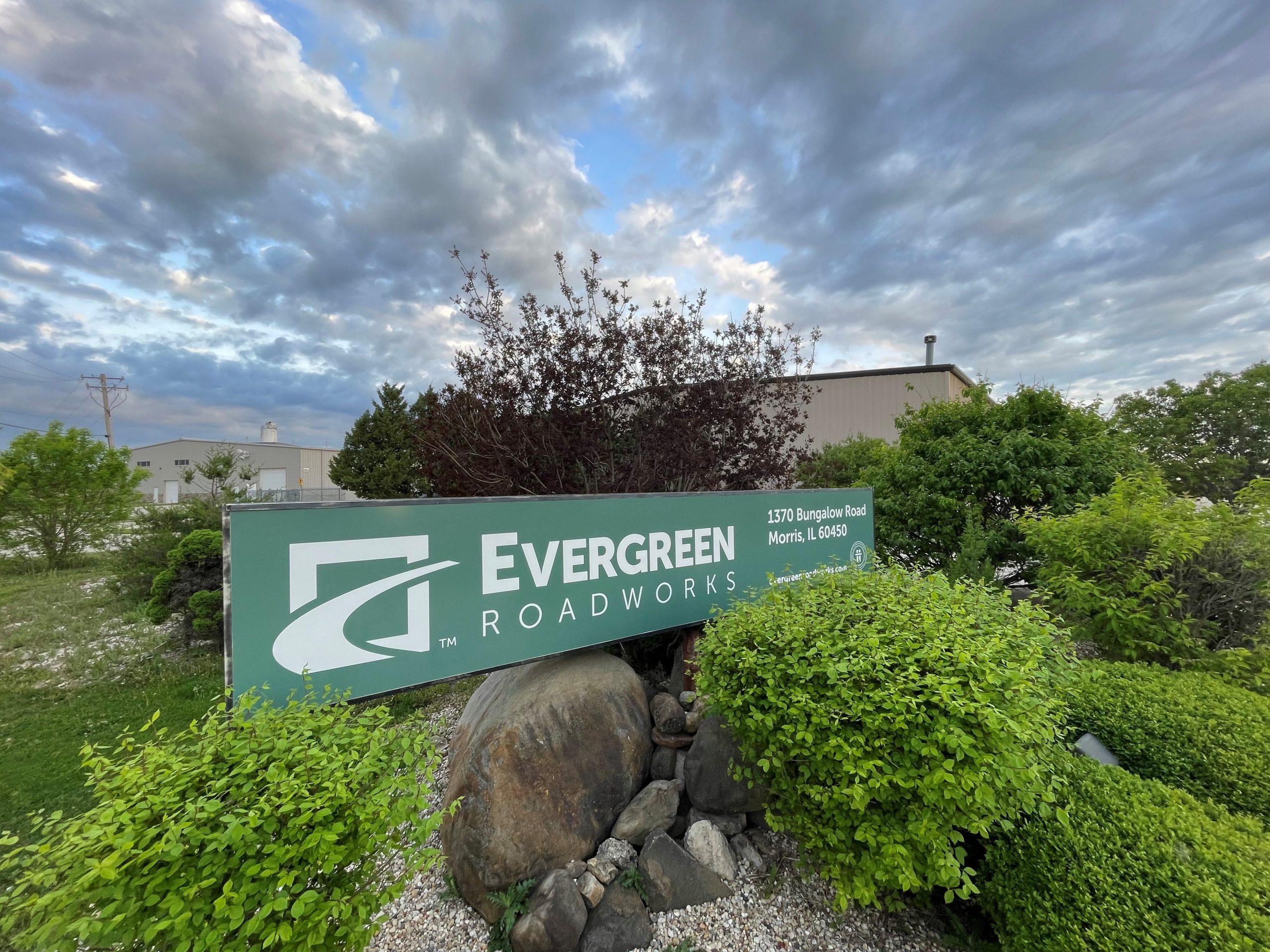 an Evergreen roadworks sign outside the morris, IL office location