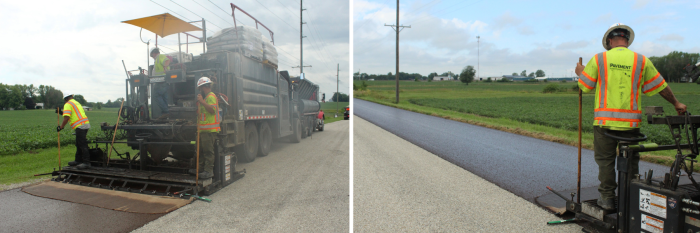 Evergreen Roadworks’ Pavement Maintenance Systems crew precisely applies the micro surfacing for cape seal road treatment