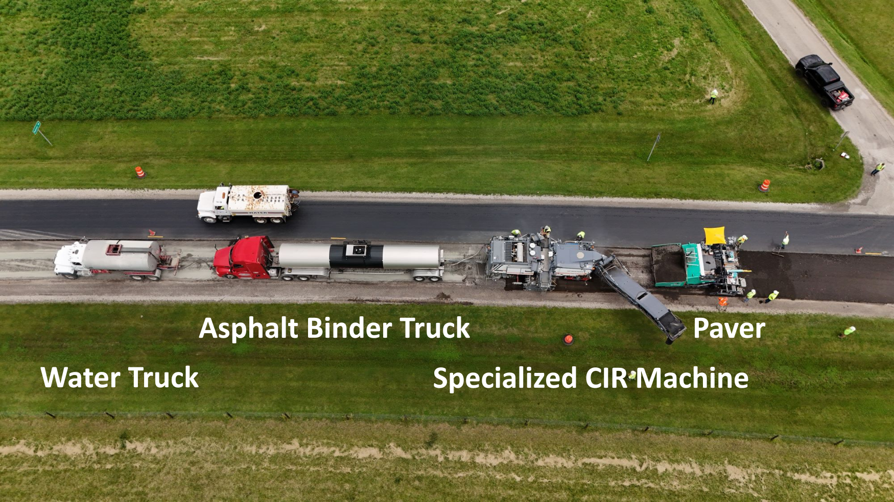 Water truck, Asphalt Binder truck, Specialized CIR Machine, Paver. Evergreen Roadworks CIR Machine