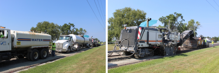 CIR Train: water truck, asphalt truck, CIR machine, paver 